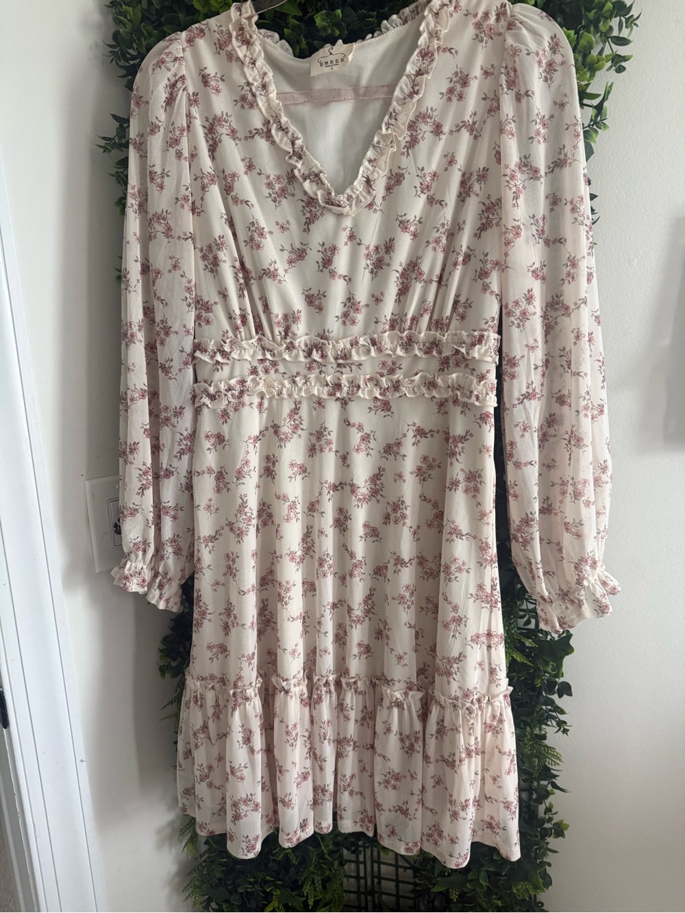 Cream Midi Dress with Pink Floral Print and Ruffle Details